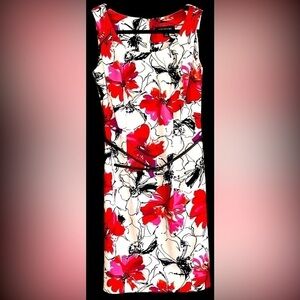 PERCEPTIONS Red/Pink/Black/White Floral Sleeveless Dress w/Belt, Size 6,GUC.
